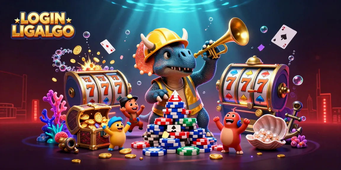 Experience the excitement with LOGIN LIGALGO as cartoon characters celebrate winning in a colorful casino scene.