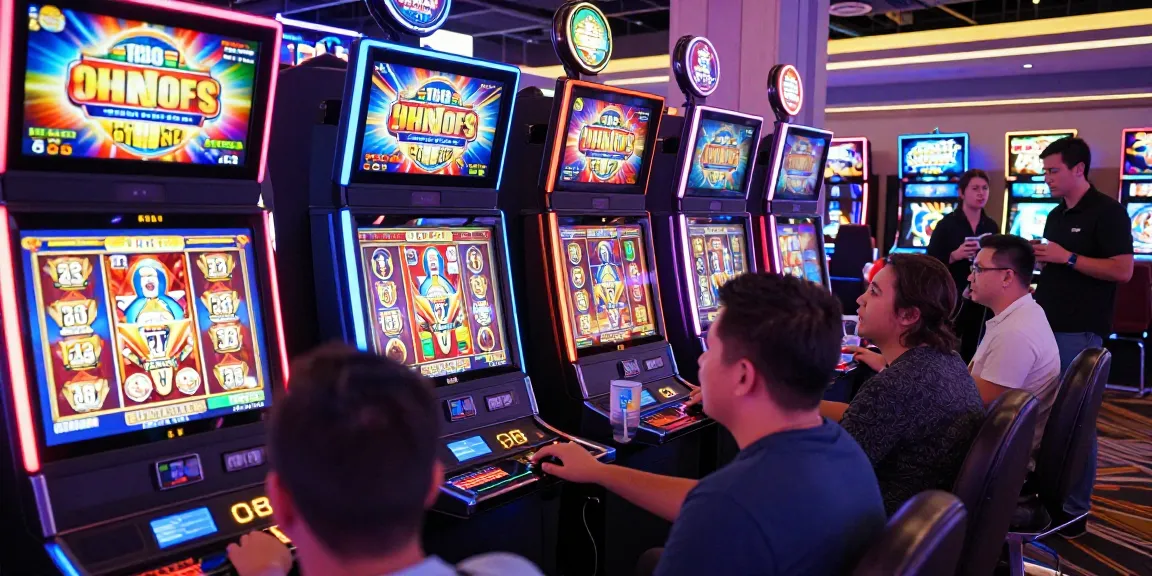 Exciting casino scene with players at vibrant slot machines in a lively gambling atmosphere.